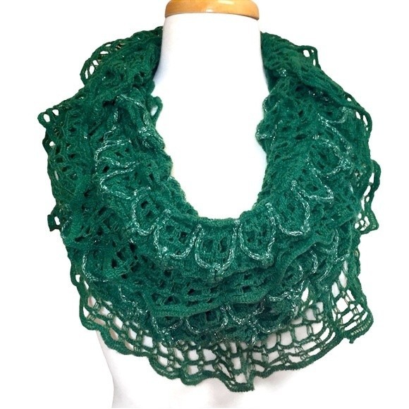 Green Open Knit Crochet Loop Winter Infinity Scarf - Picture 1 of 6